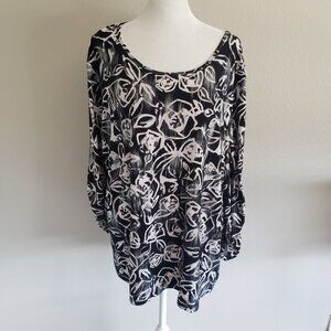 Peter Nygard Top Tunic Black White Silver Shimmer Abstract Soft Stretch Plus 2X